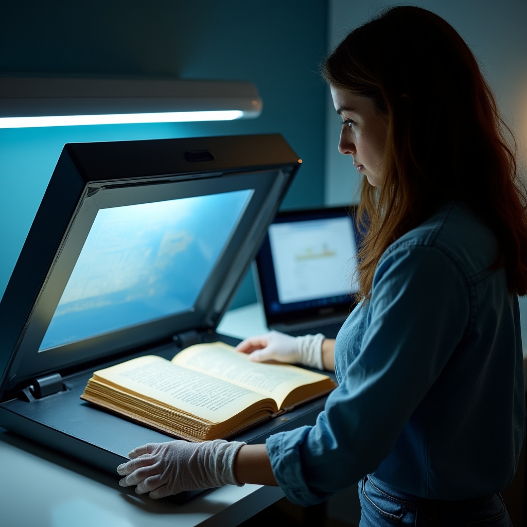 Процесс оцифровки ветхой книги на планшетном сканере