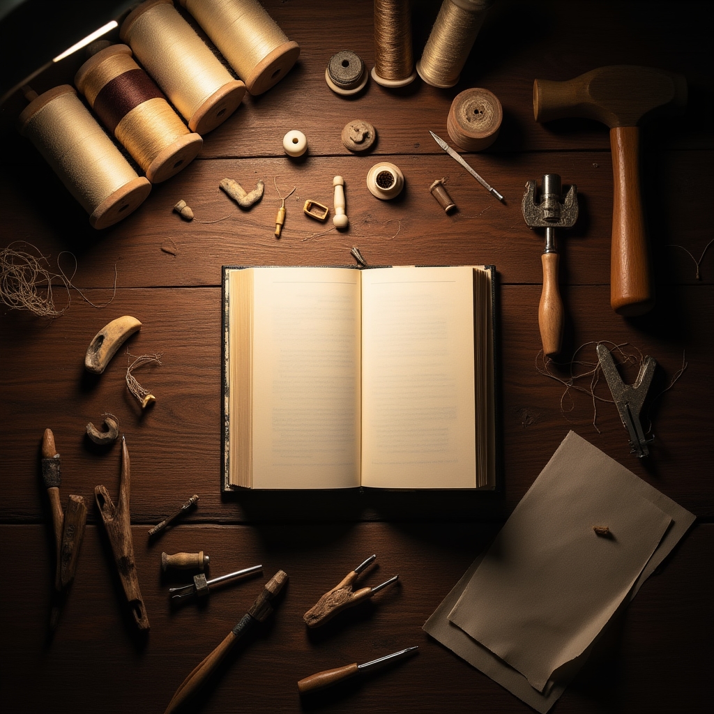 Инструменты переплётной мастерской на рабочем столе